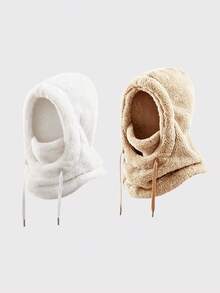 1/2 Pcs Unisex Thick Fluffy Faux Fur Integrated Hood Scarf Balaclava, Drawstring Adjustable Full‑Cover Thermal Hooded Neck Gaiter - Multicolor - View 18