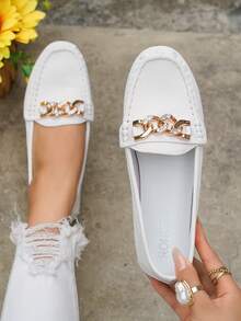 Women's Spring New Gold Chain Elegant Slip-On Loafers, Lightweight Comfortable Versatile Rubber Flat Shoes - White-chain - View 5