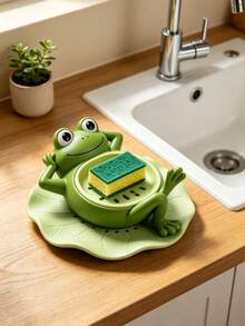 1pc Frog Shaped Kitchen Sink Sponge Holder, Cute Animal Frog Design Drain Rack, Plastic Dish Brush Cloth Drainage Rack With Drain Tray, Multi-Functional Kitchen Bathroom Cleaning Tool Storage Rack, Bathroom Shelf Soap Box, Sink Side Faucet Sponge Storage Basket, Frog Drain Rack, Kitchen Countertop Cleaning Brush Storage, Bathroom Decor Storage Supplies - Multi-color - View 8