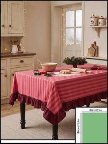 1pc Red And White Thin Striped With Burgundy Ruffle Edge Tablecloth, Christmas Baking Style Fabric Material, Rectangular Burgundy Ruffle Edge Patchwork Detail, Stain-Resistant Protection And Decorative Function For Home Long Table, Suitable For Christmas Baking Decor And Holiday Kitchen Scenes - Red - View 21