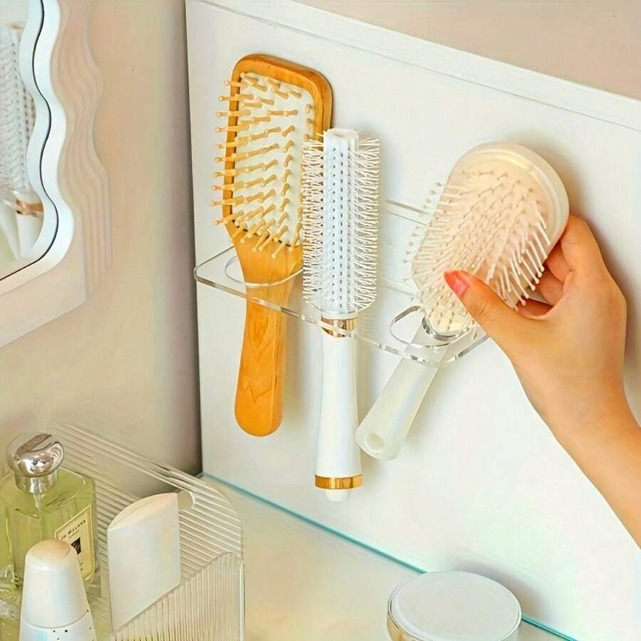 1pc 2-Hole/3-Hole Acrylic Bathroom Storage Rack, Hair Dryer & Comb Holder, Hair Tool Organizer, Wall-Mounted Comb Rack, Can Hold 2 Or 3 Combs, Transparent Fashionable Storage Rack, Bathroom Accessories, Bathroom Supplies, Bathroom Decor, Suitable For Home Bathroom Use - Multicolor - View 1