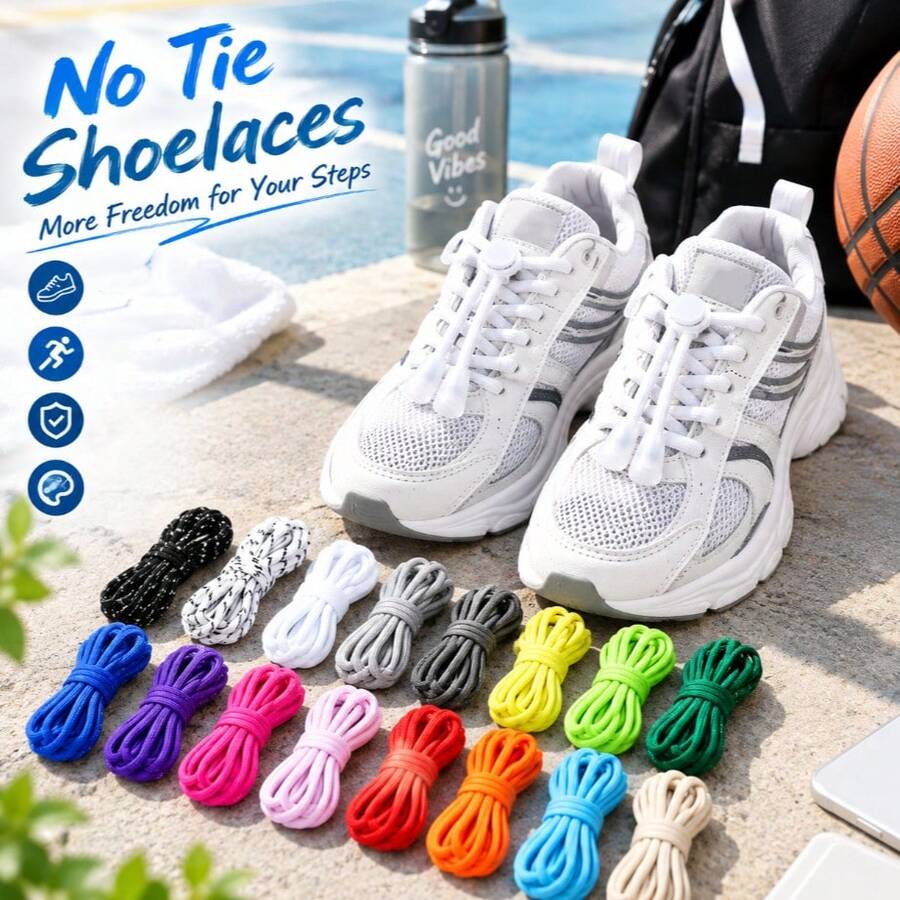 QKC 1 Pair Round Elastic No-Tie Shoelaces With Spring Lock Caps ...