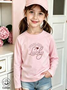 Kids Casual Long Sleeve T-Shirt, Round Neck Raglan Sleeves, Pink With "Feeling Lucky" Print - Baby Pink - View 1