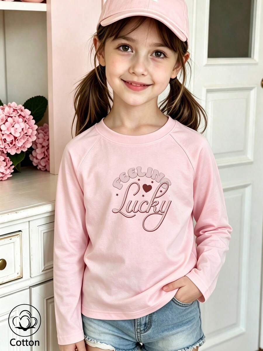 Kids Casual Long Sleeve T-Shirt, Round Neck Raglan Sleeves, Pink With "Feeling Lucky" Print - Baby Pink - View 1