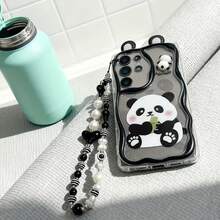 1pc Transparent Bottom 3D Panda Ear Phone Case, Printed With Hugging Bamboo Cartoon Panda Pattern, Soft TPU Material, Wavy Black Edge Full Coverage Phone Case, Comes With Black And White Heart Pearl Beaded Lanyard Accessory, Compatible With Samsung Phones, Fresh Transparent Cute Cartoon Phone Case, Ins Popular Minimalist Cute Style, Pink Blush Panda Pattern Design, Transparent Shell Body Can Retain Original Phone Color - Clear - View 6