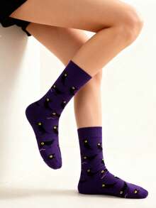 1 Pair Purple Crow Cartoon Jacquard Women's Mid-Calf Socks, Personalized Dark Style Fun Mid-Calf Socks, Halloween Outfit Socks - Multicolor - View 7