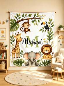 Personalized Animal Blanket, Customized Name Giraffe Elephant Lion Monkey Throw Blanket, Soft All-Season Children's Blanket, Suitable For Baby Room Bedroom Travel Gift - Multicolor - View 5