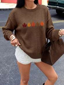 Women's New Round Neck Long Sleeve Sweater, Printed Pattern Top, Fashion Casual Knit Style, Suitable For Daily Commute - Dark Ochre - View 6