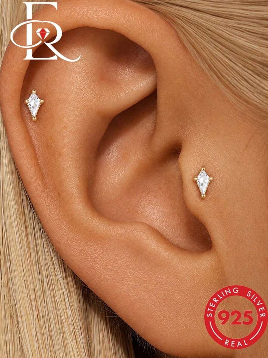 EleRunis 1PC 925 Sterling Silver Asymmetrical Flat Back Tragus Conch Lip Cartilage Helix Threaded Piercing Fine Jewelry For Daily Wear Party Birthday - Gold - View 1