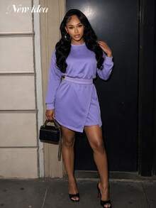 NEW IDEA Women Purple Fall Winter Long Sleeve Crew Neck Sweatshirt & Wrap Skirt 2 Pieces Set For Casual Wear - Purple - View 5