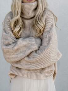 Women's Oatmeal Chunky Knit Cowl Turtleneck Drop Shoulder Oversized Pullover Sweater, Casual Lazy Cozy Fall Winter Daily Wear - Apricot - View 1