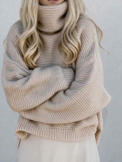 Women's Oatmeal Chunky Knit Cowl Turtleneck Drop Shoulder Oversized Pullover Sweater, Casual Lazy Cozy Fall Winter Daily Wear