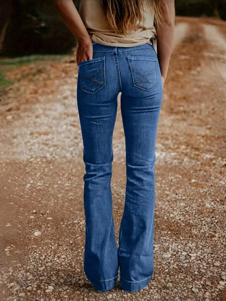 Women's Fashion Back Pocket Embroidered Flare Stretch Jeans Casual Spring Fall - Medium Blue - View 1
