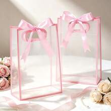 1/4/12pcs Transparent Gift Bags With Ribbons, Suitable For Baby Shower, Graduation, Wedding, Bridal Party, Birthday Party, Business Occasions, With Cut-Out Handles, Reusable PP Material, 7x10x3.15 Inches (Pink) - Pink - View 5