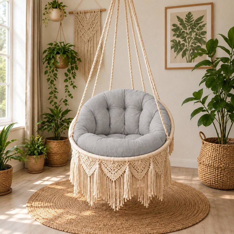 55 X 140 Cm Macrame Hanging Chair Cushion Set, 8 Cm Thick Polyester Seat And Backrest Pads For Swing Chairs - Grey - View 1