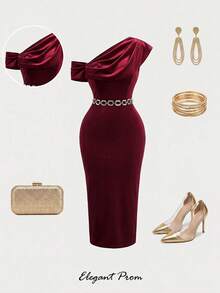 AIJ Robe midi élégante d'automne en velours bleu royal à une épaule, col drapé, dos nu, fente, robe de soirée ajustée, convient pour invitée de mariage, soirée - Rouge foncé - Voir 7