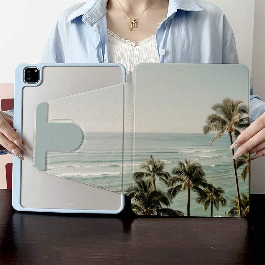 1件裝 海邊椰子樹風景書本式支架平板保護殼，相容 A16 2025、 Galaxy Tab S9 FE/S8 Plus/S7/S10、Oppo Pad、 Matepad、Vivo Pad、Honor Pad、 Xiaoxin Pad