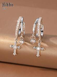 Hihho 2pcs/Set Elegant Atmosphere Gold & Silver Dual-Color Multi-Style Sunflower, Flower, Cross Pendant Rhinestone Hoop Earrings Set For Women, Daily Wear, Holiday Gift, Multi-Piercing Layering Accessory - Multicolor - View 8