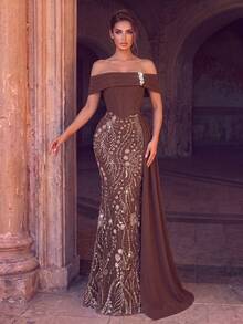 Women's Formal Cold Shoulder Ball Gown, Elegant Knit Maxi Dress With Rhinestone Embellishments And Ruffle Details - Brown - View 1