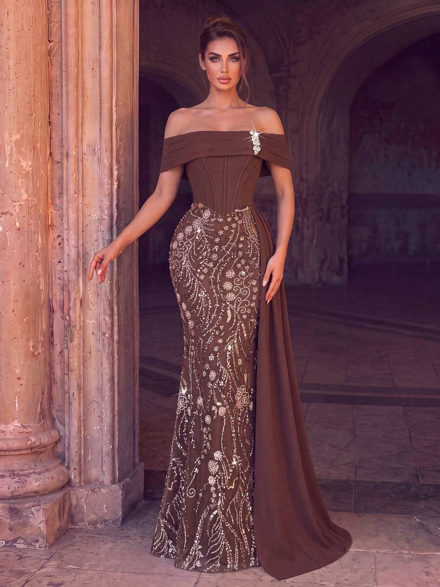 Women's Formal Cold Shoulder Ball Gown, Elegant Knit Maxi Dress With Rhinestone Embellishments And Ruffle Details - Brown - View 1
