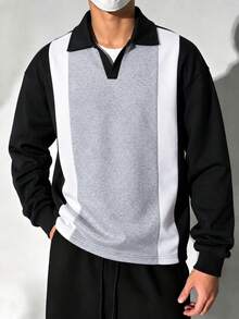 American Retro Men's Patchwork Polo Collar Sweatshirt, Vertical Stripe Colorblock Design, Loose Drop Shoulder, Daily Commute Long Sleeve Top - Black - View 2