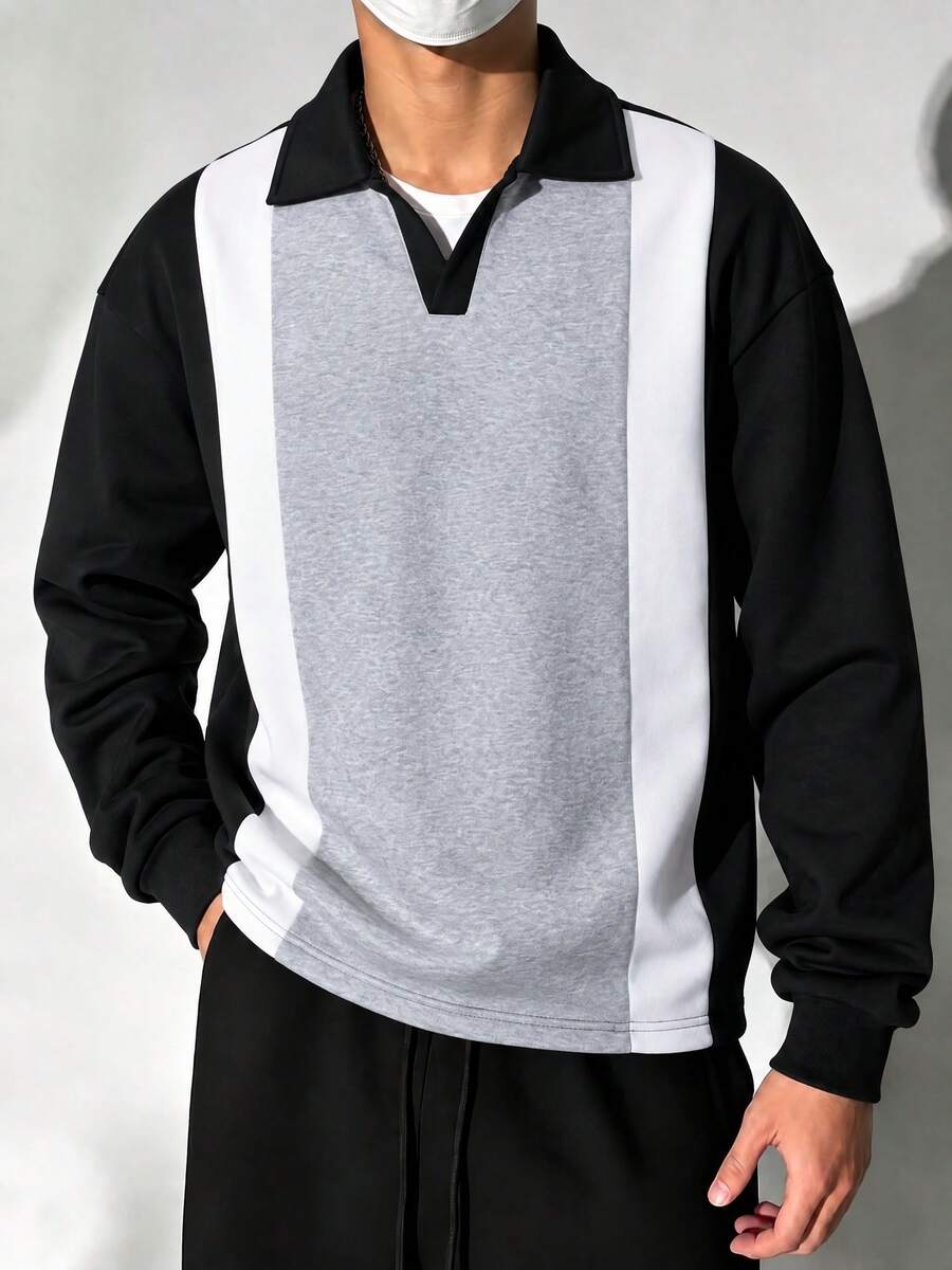 American Retro Men's Patchwork Polo Collar Sweatshirt, Vertical Stripe Colorblock Design, Loose Drop Shoulder, Daily Commute Long Sleeve Top - Black - View 1