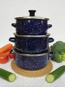 3pcs Multi-Size Enamel Soup Pot Set, Double-Ear Soup Pot With Starry Pattern, Outdoor Picnic Pot, Enamel Stew Pot, Small Stew Pot, Ramen Pot, Oil Pot With Lid, Baby Food Pot, Multi-Color 3pcs Enamel Cookware Set, Thick Double-Ear Enamel Cooking Pot, Multi-Purpose For Gas & Induction Cooktop, Enamel Pot With Lid And Handles - Caliber 6.3IN-7.87IN - View 5