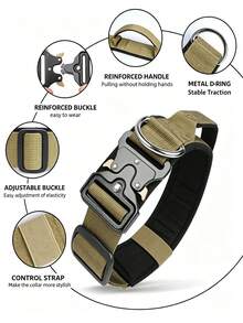 Tactical Heavy Duty Dog Collar With Control Handle, Adjustable Nylon Collar With Quick Release Metal Buckle And Metal D-Ring, Comfortable Thick Padded Lining, Suitable For Medium To Large XL Dogs, Ideal For Outdoor Walking And Training - Khaki - View 2