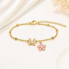 1pc Fashion Classic Initial Pink Color Flower Pendant Golden Stainless Steel Bead Chain Bracelets For Women - Bracelet - View 3
