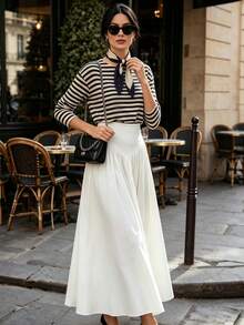 Autumn/Winter New Solid Color High Waist Pleated A-Line Long Skirt, French Elegant Full Skirt - White - View 4