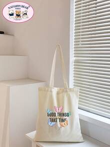 Fashionable Minimalist Butterfly Line Print Canvas Tote Bag - Beige - View 5