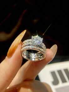 1pc Moissanite Ring Set, Luxury 2CT Crown 3 Pieces Diamond Ring Set, Suitable For Women's Wedding - Silver - View 5