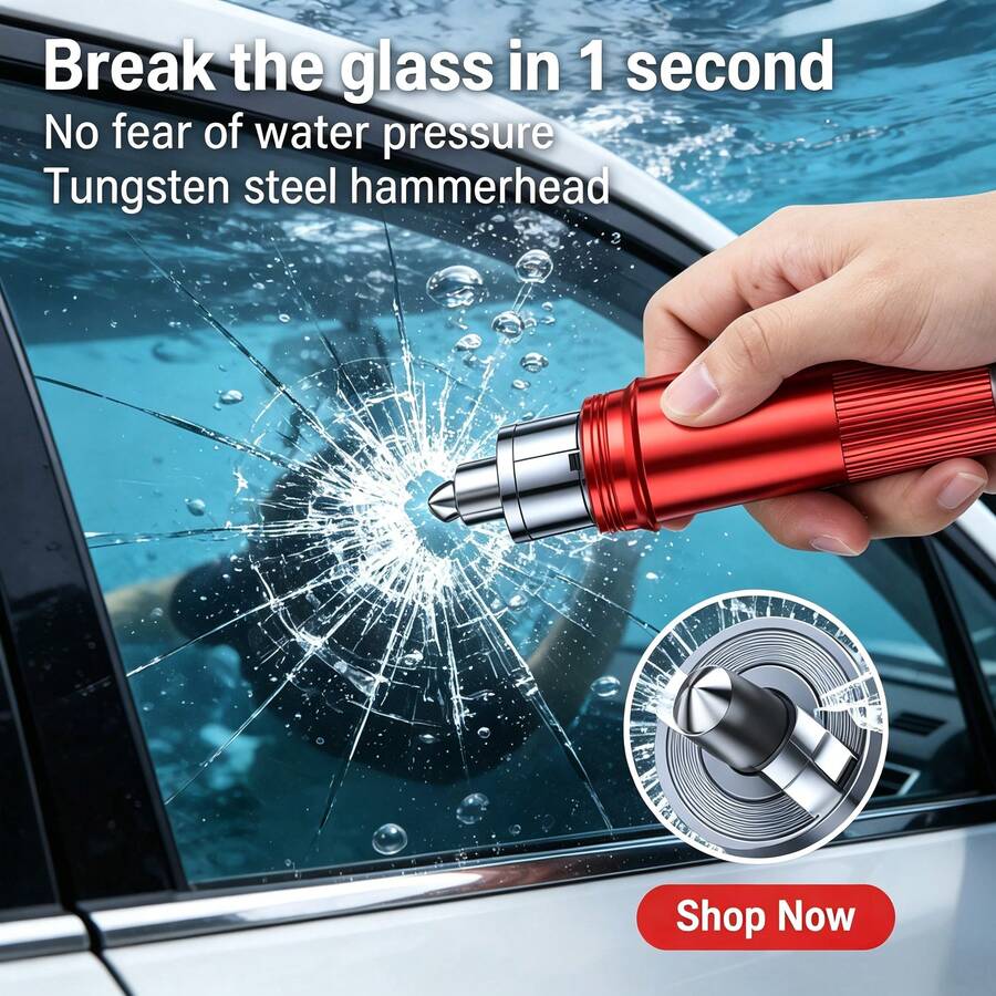2合1汽車破窗器附安全帶切割器－緊急逃生工具，ABS與合金結構，便攜式3.64英吋設計，含便捷安裝支架，車用工具，時尚金屬外觀