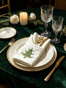 1pc 100% Polyester Christmas Tree Embroidered Fabric Napkin, White Reusable Dinner Napkin For Holiday Christmas Home Dining Party Banquet Table Decor - Multicolor - View 6