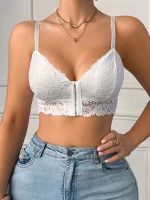 Women's Solid Color Lace Splicing Strap Front Closure Bra. - White - View 4