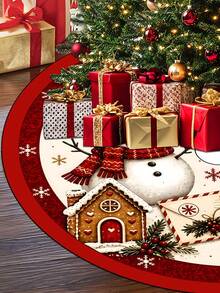 1pc Red Christmas Tree Skirt With Snowman And Bear Pattern, Classic Red Trim Snowflake Design, Round Base, Suitable For Standard Size Christmas Tree; Ideal For Winter Party And Home Holiday Decoration, Perfect Christmas Tree Accessory - Multicolor - View 6