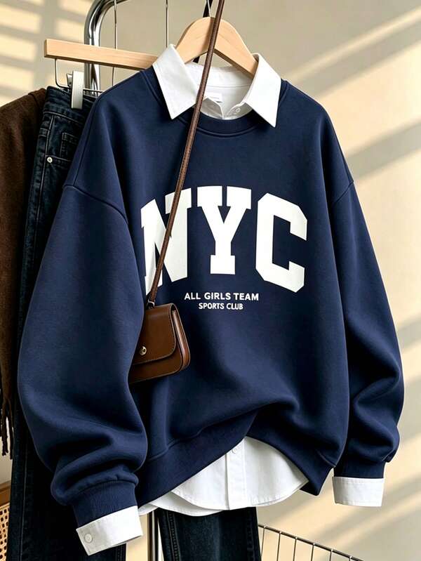 American College Style NYC Large Letter Print Navy Blue Crew Neck Sweatshirt, Vintage Campus ALL GIRLS TEAM Slogan Loose Drop Shoulder Long Sleeve Pullover, Casual Slouchy All-Match Navy Blue Versatile Commute Sweatshirt, Street Fashion Slimming Couple Style Daily Inner Layer Outer Wear Simple Crew Neck Top