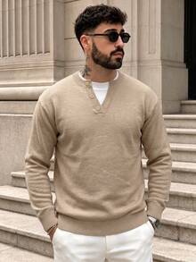 Lookun Men's Faux Two Pieces Half-Button Crew Neck Knit Sweater, Loose Fit Drop Shoulder Knit Top, Autumn/Winter - Apricot - View 1