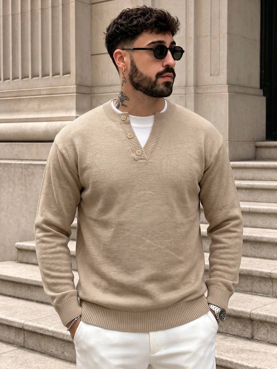 Lookun Men's Faux Two Pieces Half-Button Crew Neck Knit Sweater, Loose Fit Drop Shoulder Knit Top, Autumn/Winter - Apricot - View 1