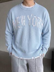 1pc Boys' Korean Style Distressed Tassel Letter Crew Neck Sweater, Spring/Autumn/Winter - Baby Blue - View 2