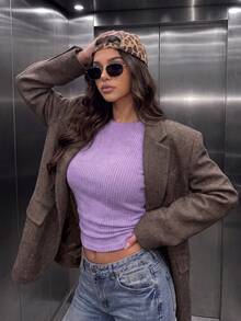 Women's Casual Faux Sweater Batwing Sleeve Cinched Waist Slim Fit Cropped Top, Suitable For Daily Wear, Autumn/Winter, Winter/Autumn Outfits, Going Out - Purple - View 4