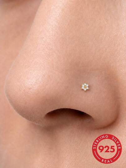 1Pc S925 Sterling Silver Snowflake CZ Nose Stud Hypoallergenic Nostril Body Piercing Jewelry Nose Ring For Women Men Daily Wear & Gifts