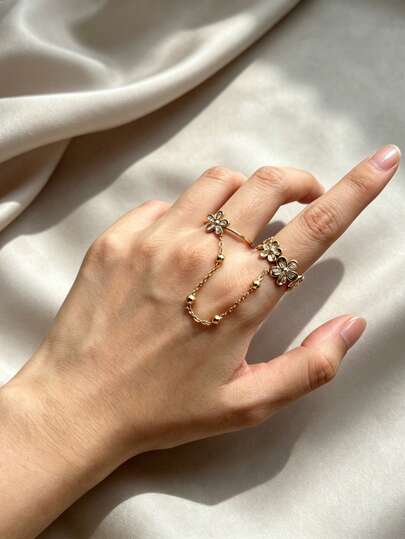 18K Gold Plated Flower Chain Double Finger Ring For Women, Pave CZ Floral Beaded Chain Hand Jewelry Ring, Exquisite Hand Accessory Gift