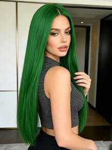 Green 28 Inch Straight Hair Wig For Women, Middle Part No Bangs, Fashionable & Elegant, Soft & Smooth, Suitable For Daily Wear, Halloween Costume, Fits All Women - Green - View 3