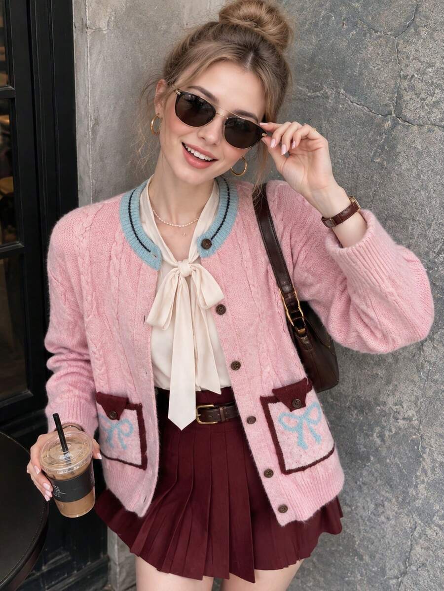 JIANHU Women's Pink Cable Knit Cardigan Sweater, Button Front Round Neck Long Sleeve Preppy Casual Autumn/Winter Top, Suitable For Work, Shopping, Weekend Outings - Pink - View 1