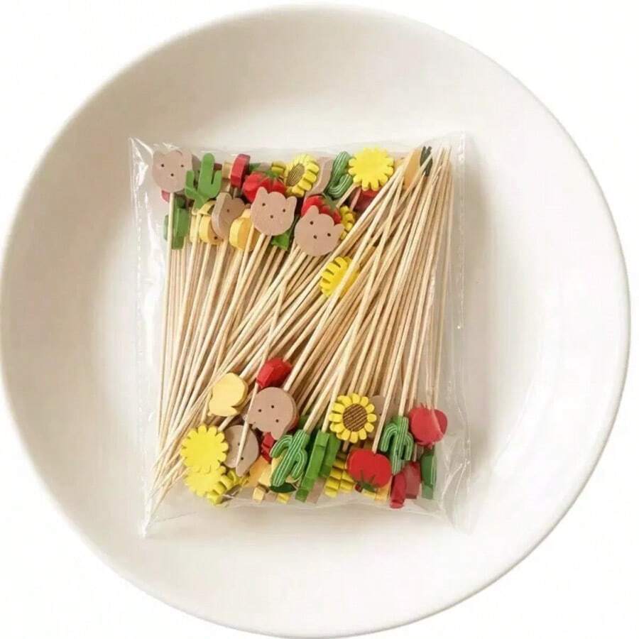 Summer-Themed Bamboo Fruit Picks (Tomato & Sunflower Designs) – 100 Count/Pack – Disposable Picks For Fruit & Dessert Decoration - Multiple Styles - View 1