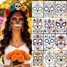 12 Sheets Halloween Sugar Skull Face Temporary Stickers, Day Of The Dead Floral Skull Full Face Stickers, Cosplay Festival Party Face Decorations - Multicolor - View 12