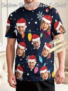 1pc Unisex Customized Multi-Photo Navy Blue Christmas Light Snowflake T-Shirt, Personalized Short Sleeve Top, Casual Holiday Outfit Gift - Multicolor - View 1