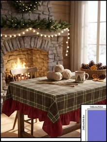 1pc Green Brown Red Classic Large Plaid Tablecloth Traditional Country Style Rectangular Burgundy Ruffle Edge Pleated Detail Stain-Resistant Protective Tablecloth For Home Long Table Suitable For Christmas Family Gathering And Winter Holiday Dining Room Decor - Green - View 16