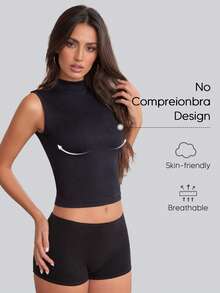Women's Black Round Neck Slim Fit Seamless Elastic Ribbed Tank Top, Autumn Outfit - Black - View 7